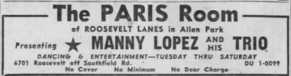 Roosevelt Lanes Recreation - Sep 21 1956 Paris Room Manny Lopez